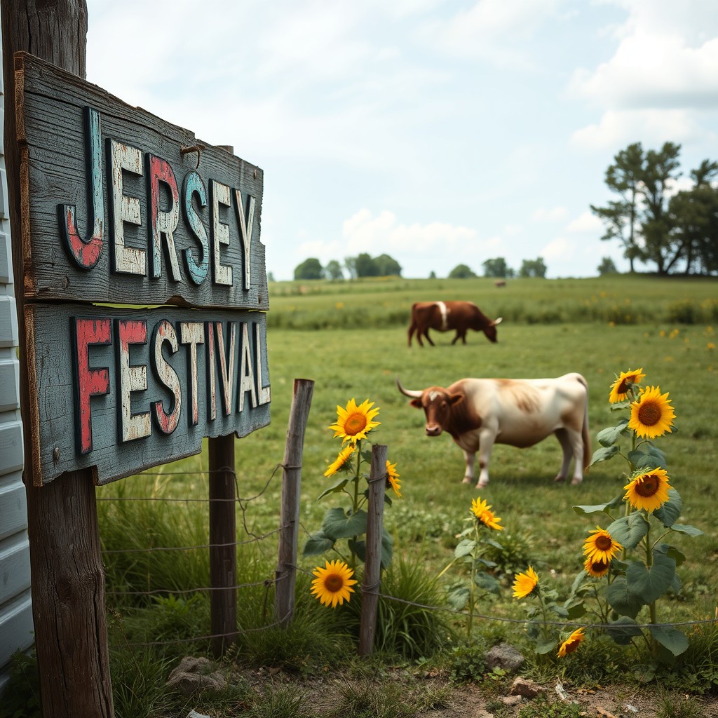 An old, crooked and worn sign reading "Jersey Festival" with some letters hanging and almost falling off