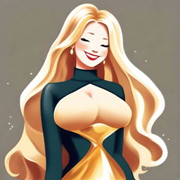 A digital art showcasing a jovial blonde woman with an hourglass figure