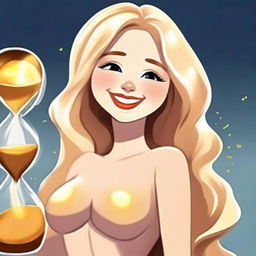 A digital art showcasing a jovial blonde woman with an hourglass figure