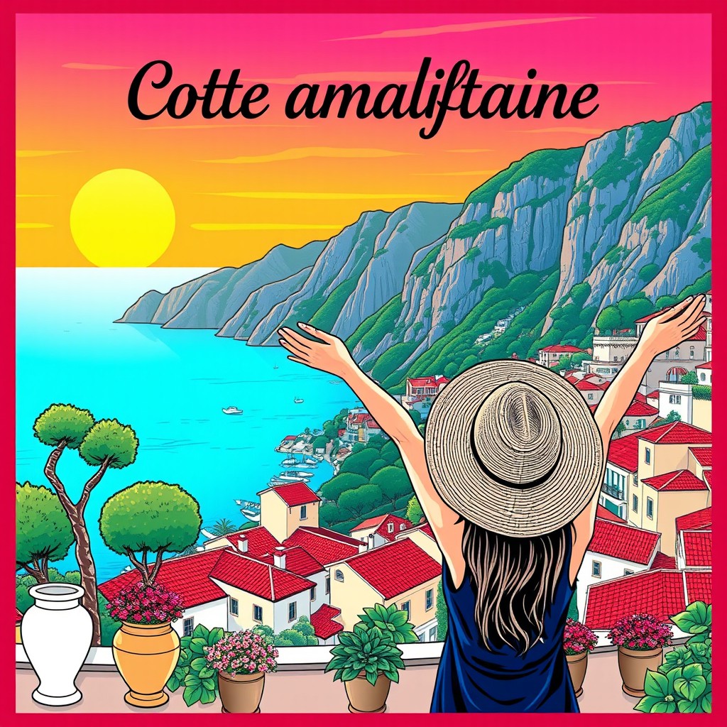 A vintage travel poster style illustration of the Amalfi Coast, Italy, featuring a stunning view of Mediterranean coastal houses with vibrant red-tiled roofs nestled against lush green plants and dramatic cliffs rising up from the serene sea