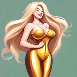 A digital art showcasing a jovial blonde woman with an hourglass figure