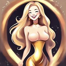 A digital art showcasing a jovial blonde woman with an hourglass figure