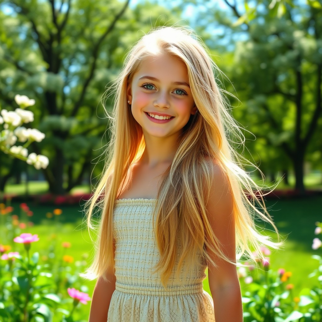 A beautiful blonde girl with long, flowing hair and sparkling blue eyes, wearing a stylish summer dress