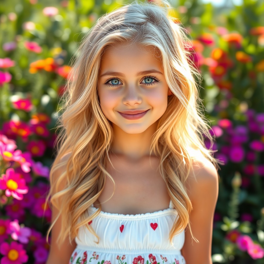 A stunning twenty-year-old blonde girl with long, wavy hair and bright blue eyes, showcasing youthful vitality