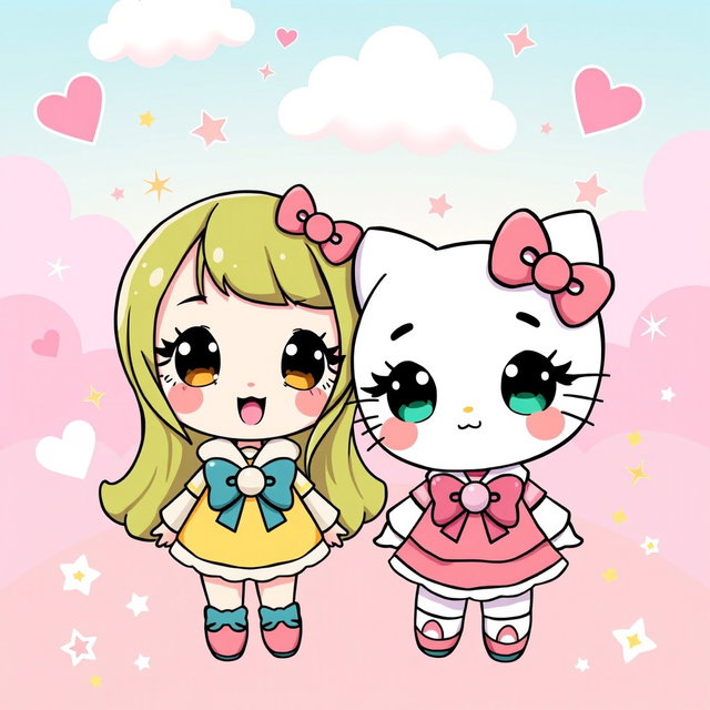 A vibrant and playful illustration featuring two cute characters styled in a Hello Kitty-inspired theme