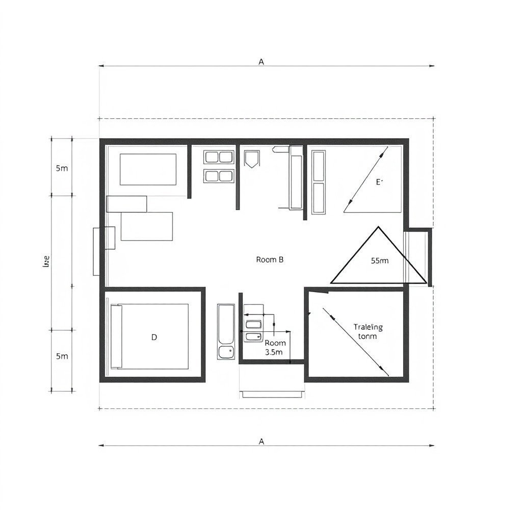 An intricate top view illustration of a modern house layout, showing various rooms labeled A, B, C, D, E, and F clearly