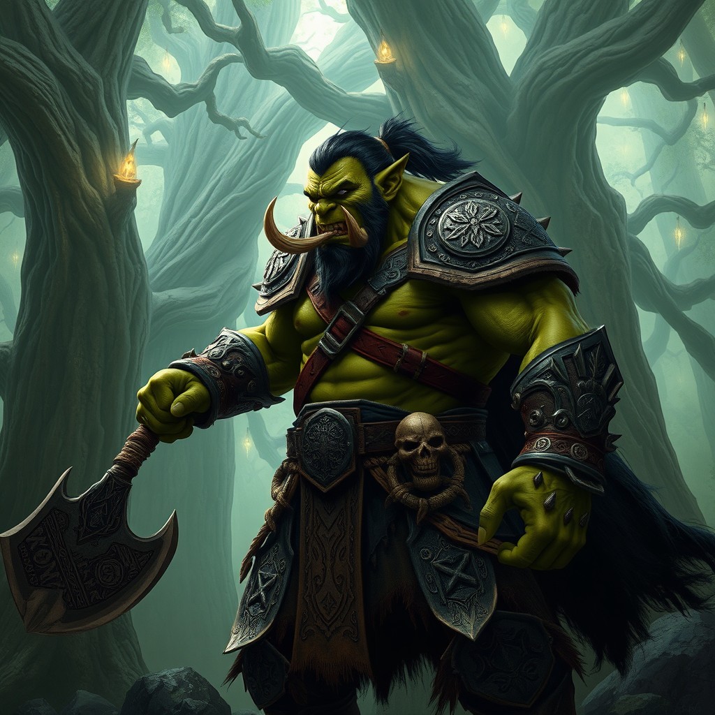 A fierce orc warrior standing tall in a dense, enchanted forest