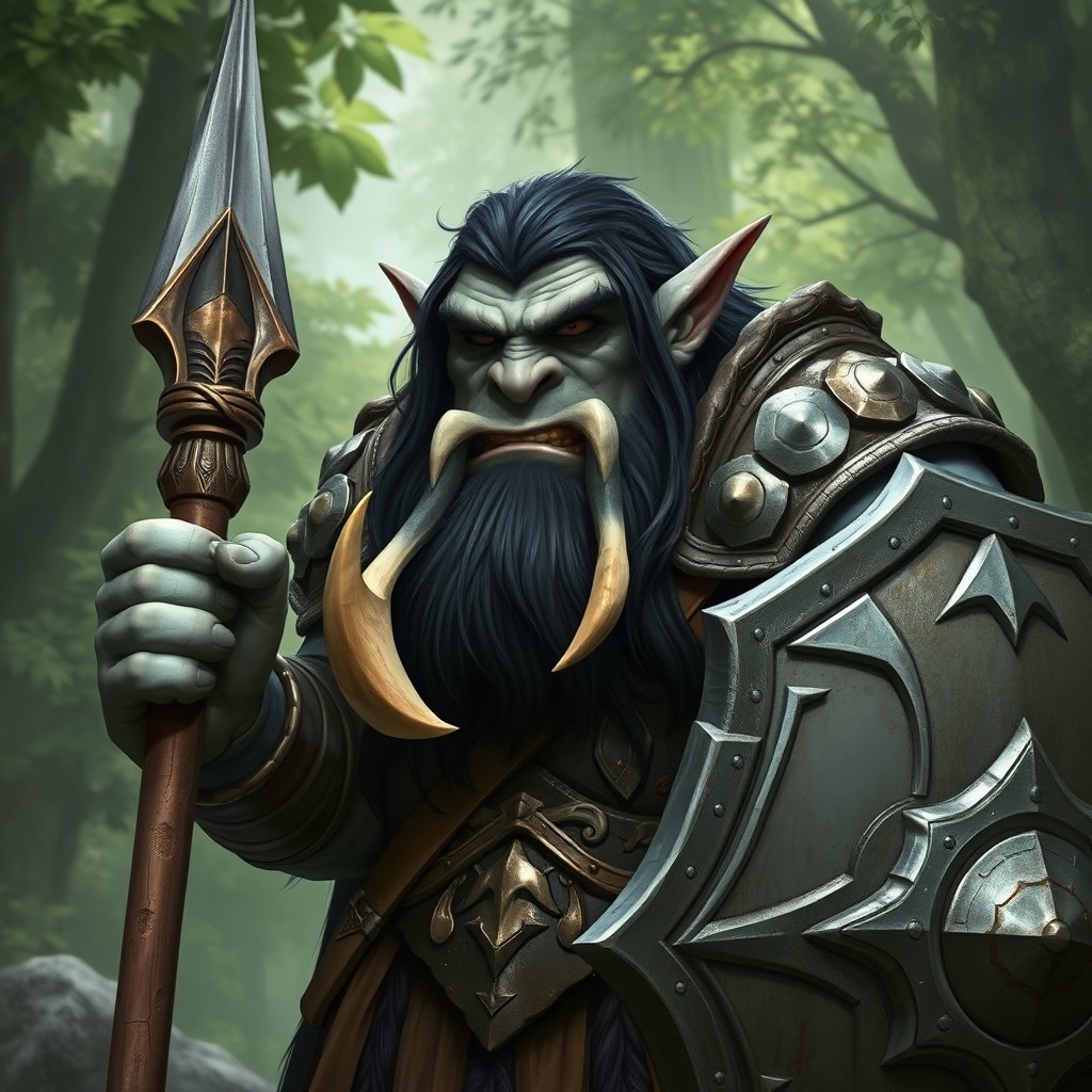A grey-skinned orc with large, prominent lower tusks, sharp ears, and long black hair