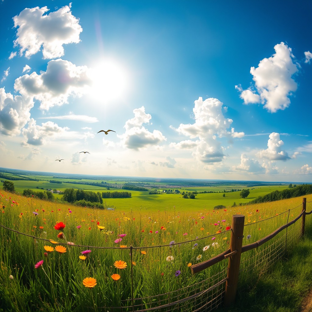 A panoramic view showcasing a vibrant blue sky filled with fluffy white clouds, casting a serene atmosphere over a lush green landscape