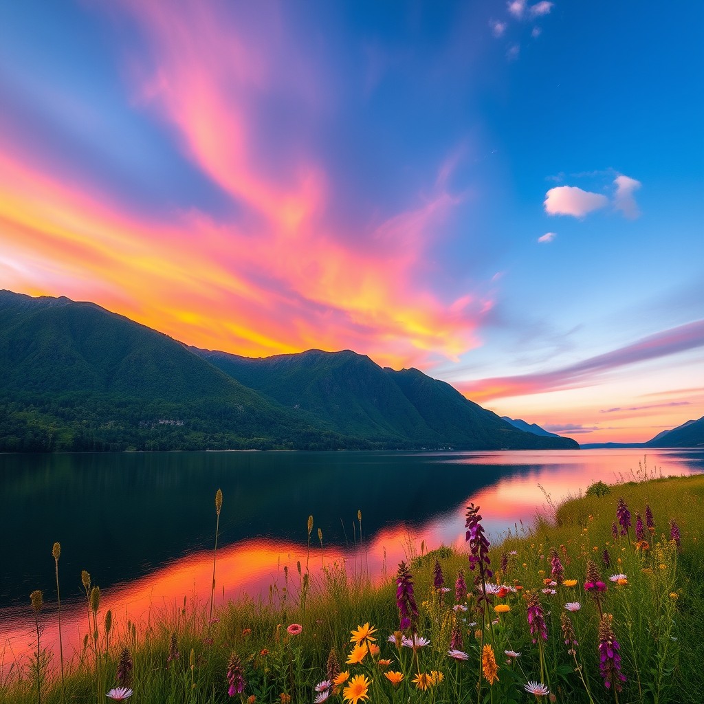 A beautiful and serene landscape featuring a vibrant sunset over a tranquil lake surrounded by lush green mountains