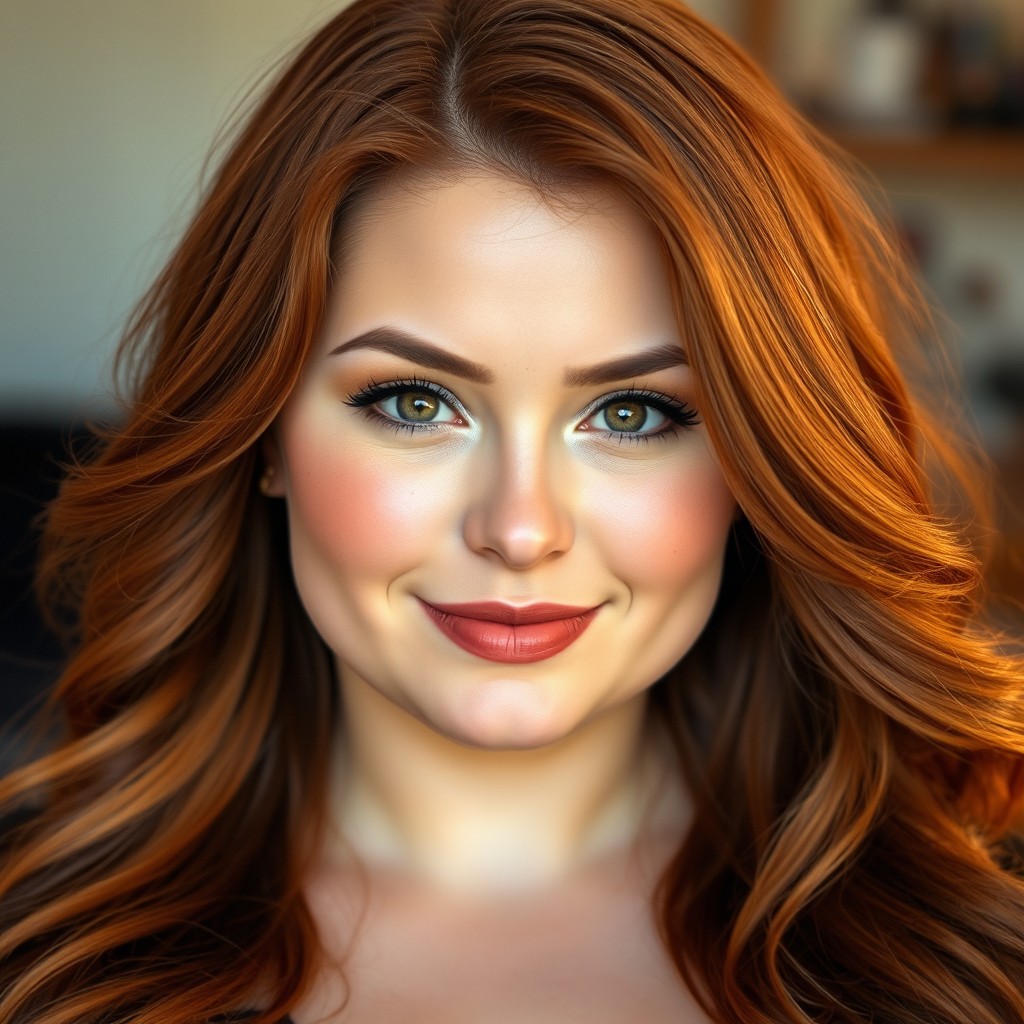 A curvy woman with light freckles scattered across her cheeks, featuring flowing light brownish-red hair that cascades elegantly down her shoulders
