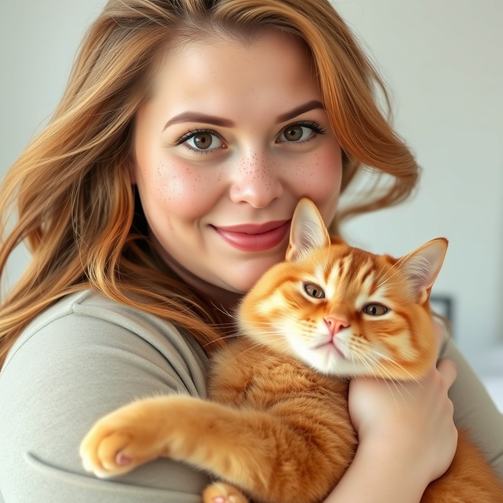 A curvy woman with light freckles across her face, showcasing flowing light brownish-red hair that complements her features