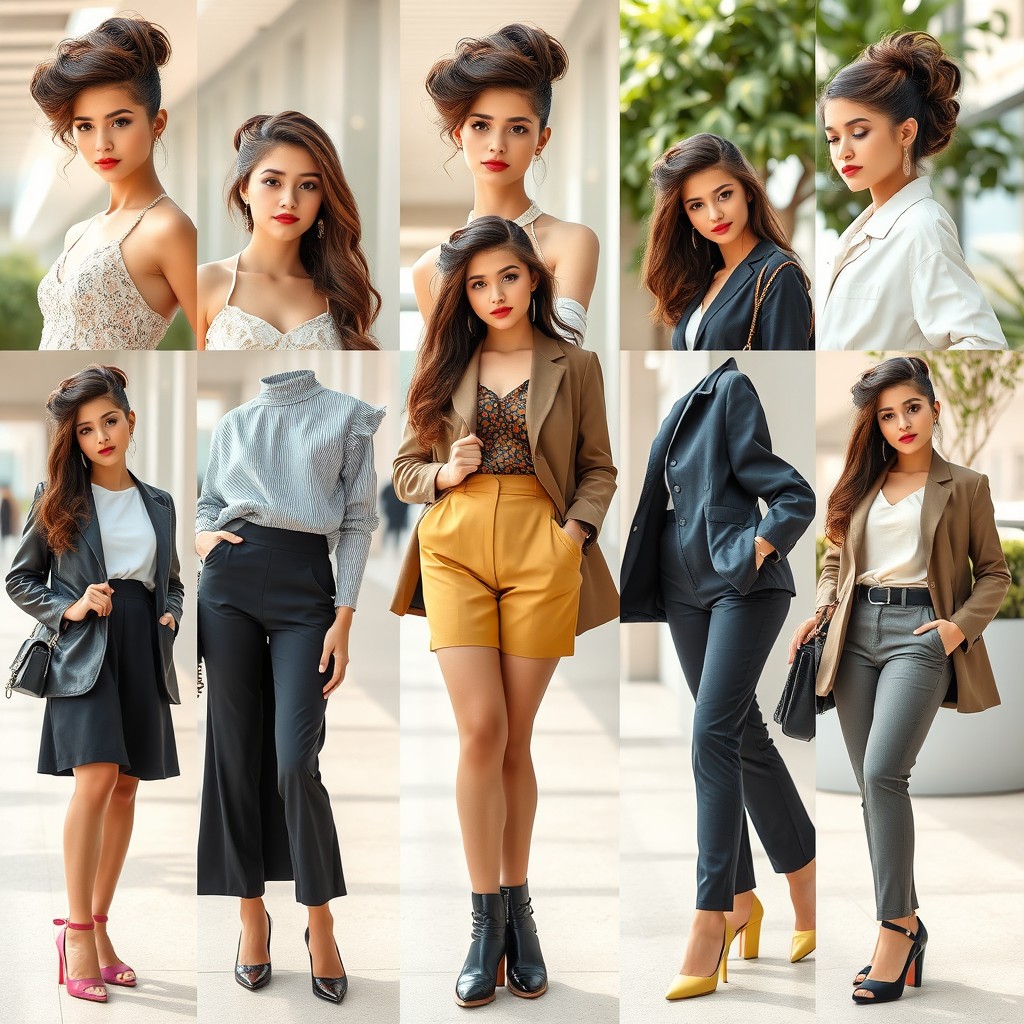 A fashionable young woman with her hair styled up in various elegant forms, wearing a diverse range of stylish outfits