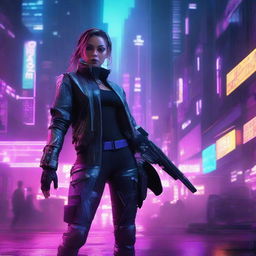 A cyberpunk female spy infiltrator, with neon accents, high-tech futuristic gadgets, edgy attire, and an enigmatic aura in a dense, dystopian cityscape background.