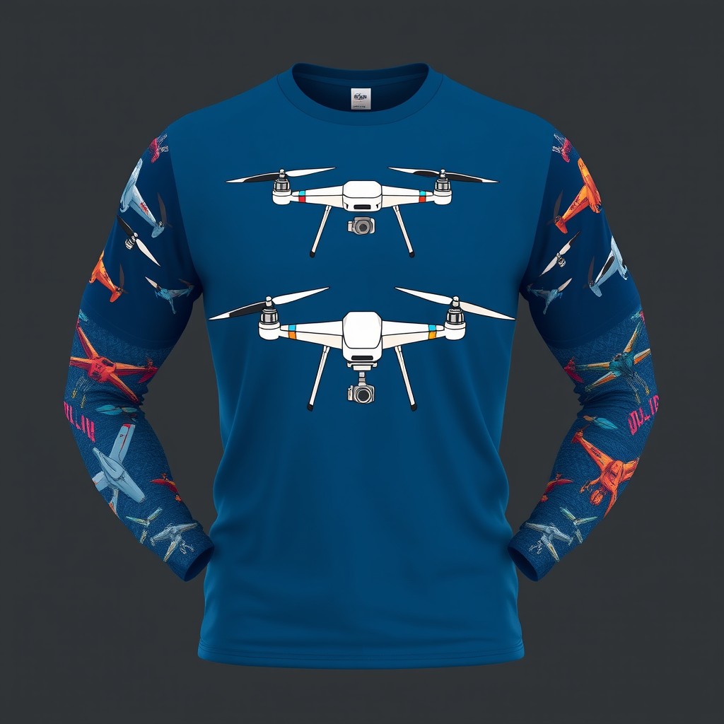 A stylish t-shirt with printed sleeves featuring detailed and colorful drone designs