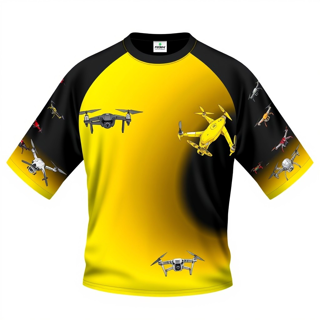 A vibrant t-shirt featuring a striking design with numerous drones adorning the sleeves