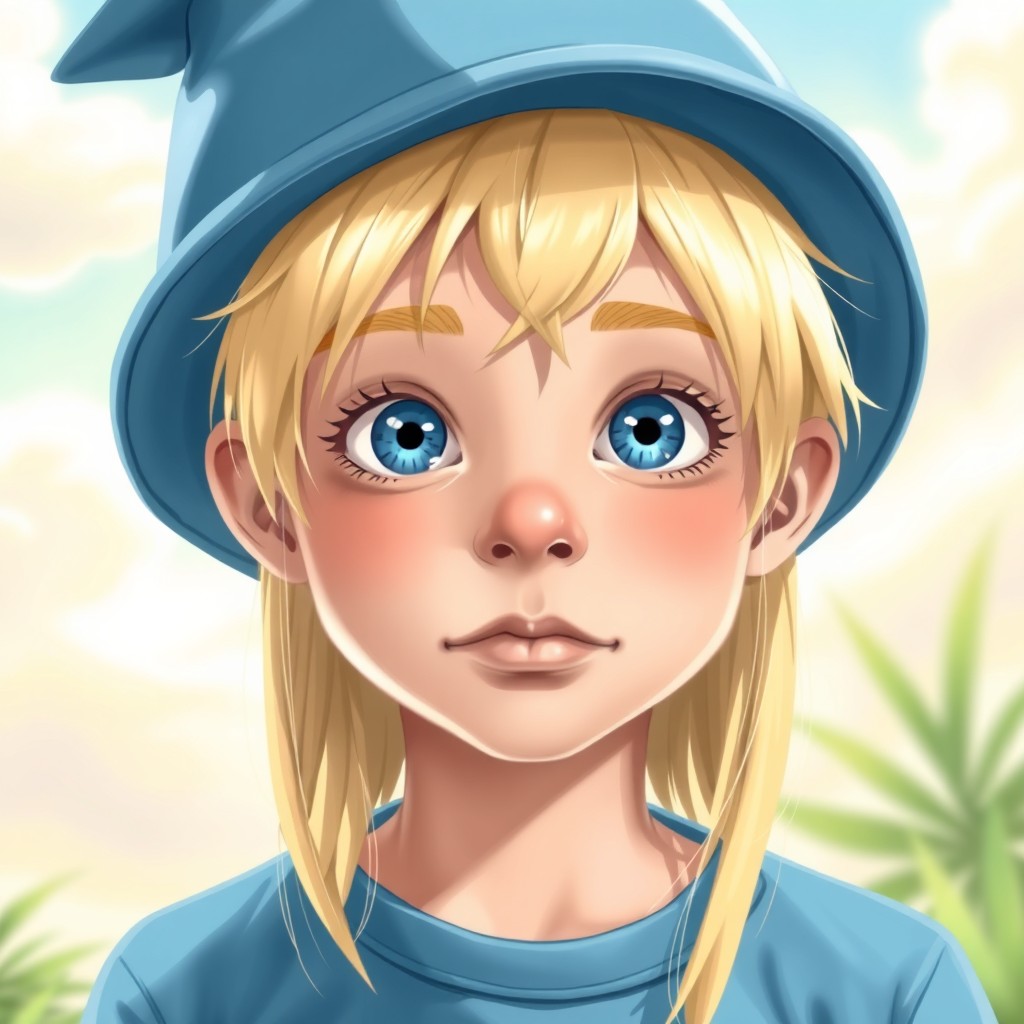 A blonde boy with neck-length hair, strikingly far apart bright blue eyes, and distinctive fish-like lips