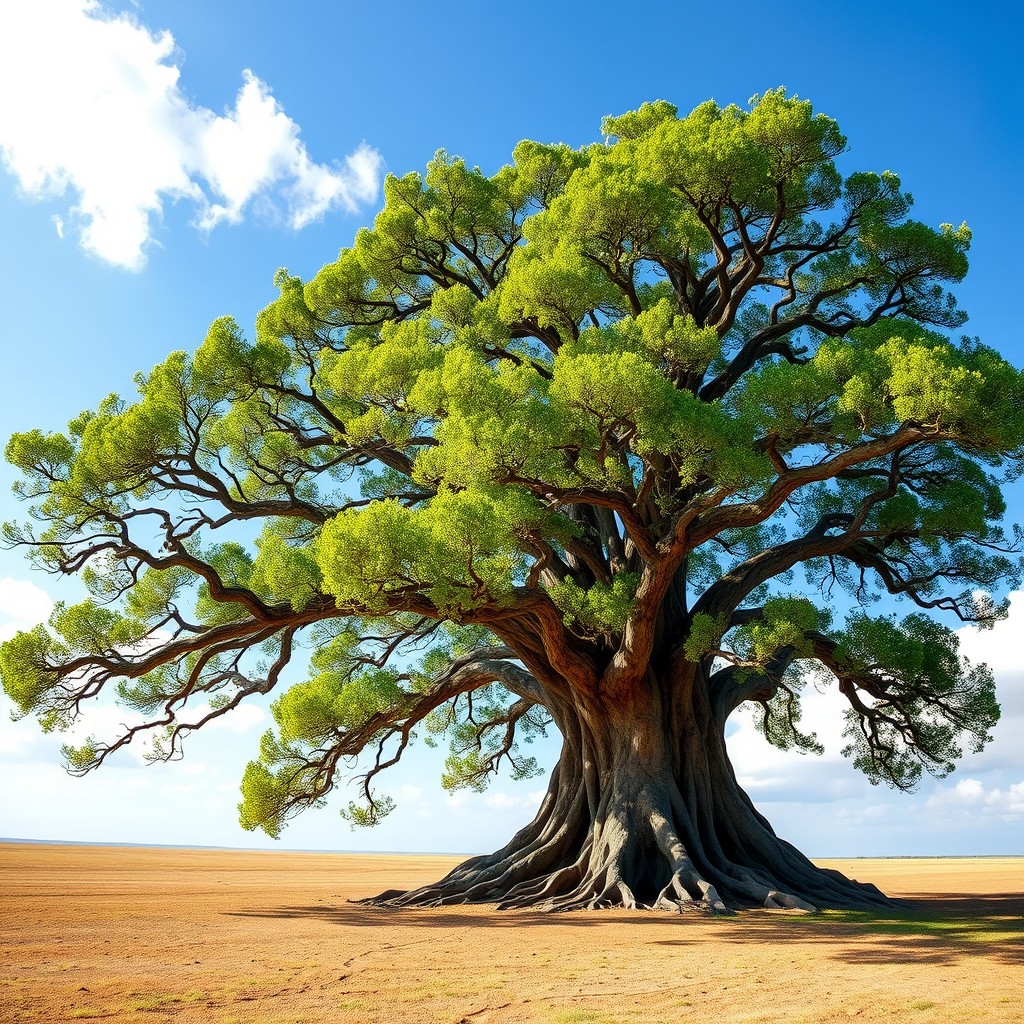 A majestic and very large tree with an intricate network of roots, a thick, sturdy trunk, sprawling branches reaching outwards, and lush green leaves