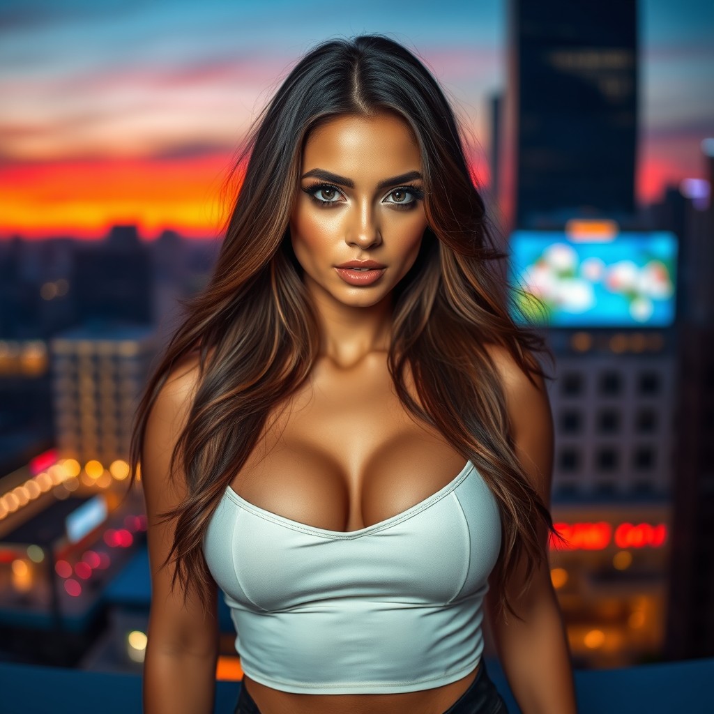 A stunning and attractive woman with a confident pose, wearing fashionable attire that accentuates her curves
