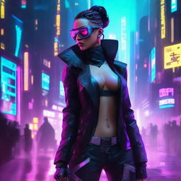 A cyberpunk female spy infiltrator, with neon accents, high-tech futuristic gadgets, edgy attire, and an enigmatic aura in a dense, dystopian cityscape background.