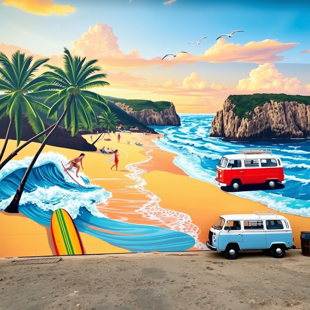 An expansive mural depicting a vibrant surf scene set in the Sintra-Cascais natural park