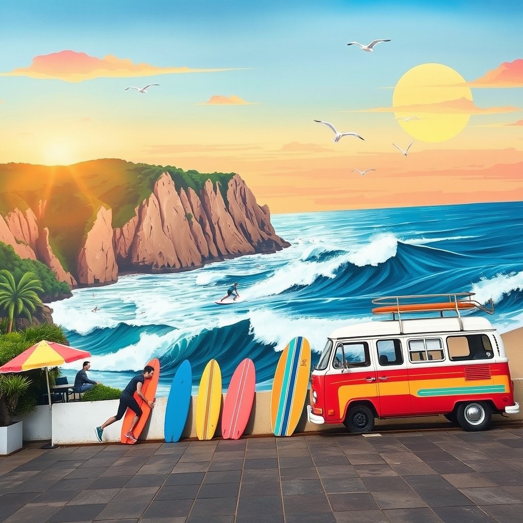 A striking mural for an outdoor surfhouse area, inspired by retro surf culture and the natural beauty of the Sintra-Cascais natural park