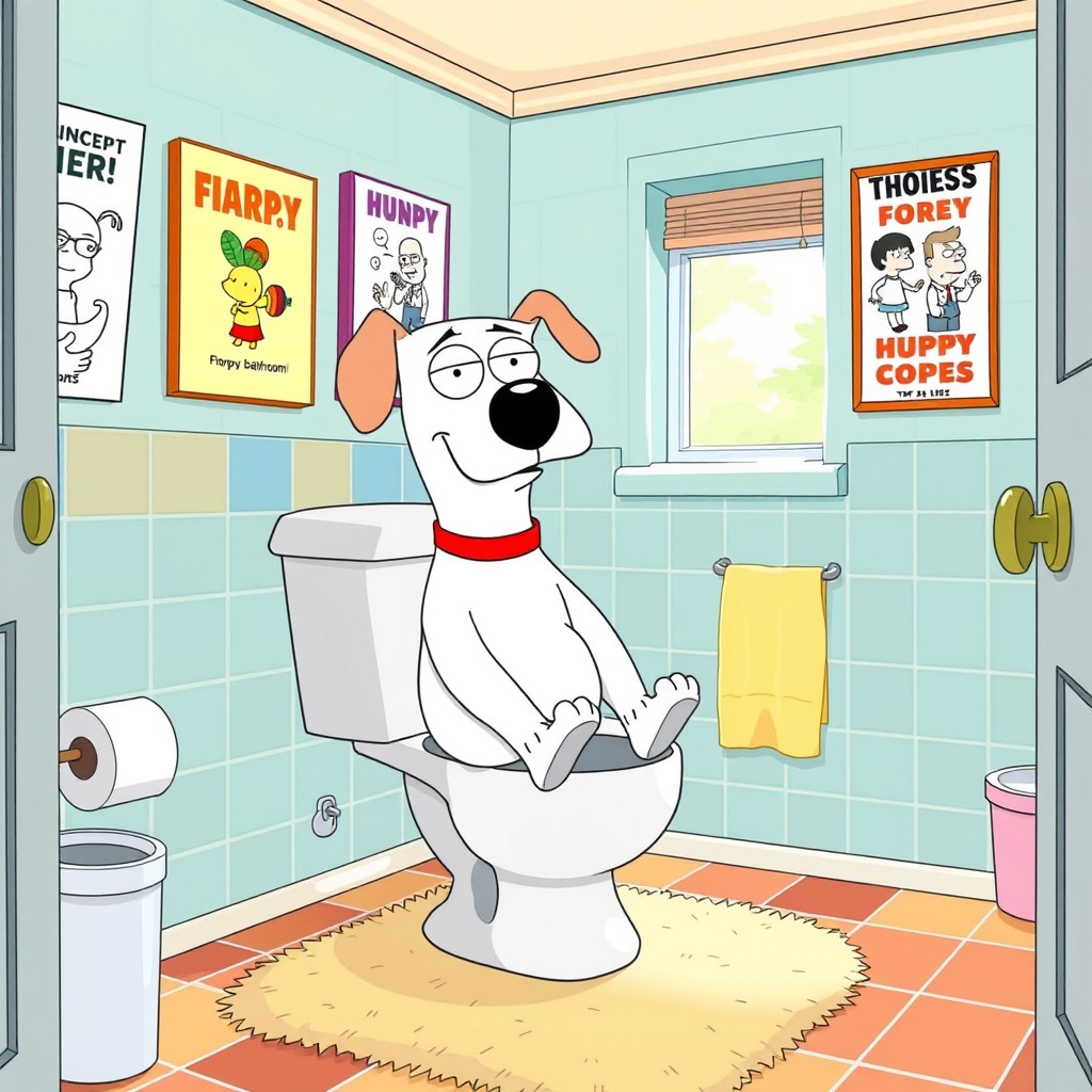 A cartoon scene depicting Brian Griffin, the anthropomorphic dog from the animated series, sitting on a toilet in a humorous and playful way