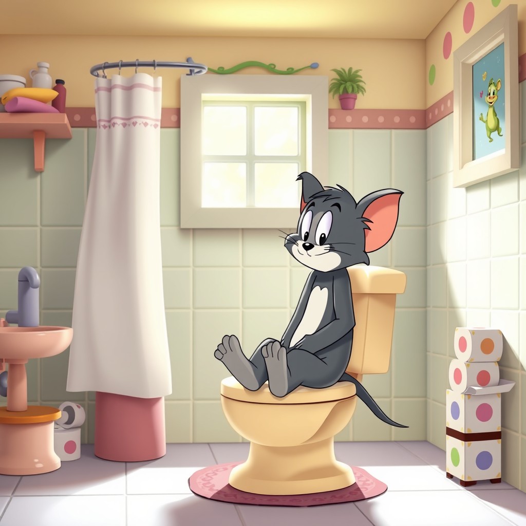 A whimsical cartoon scene featuring Jerry Mouse from the classic animated series, sitting on a small toilet
