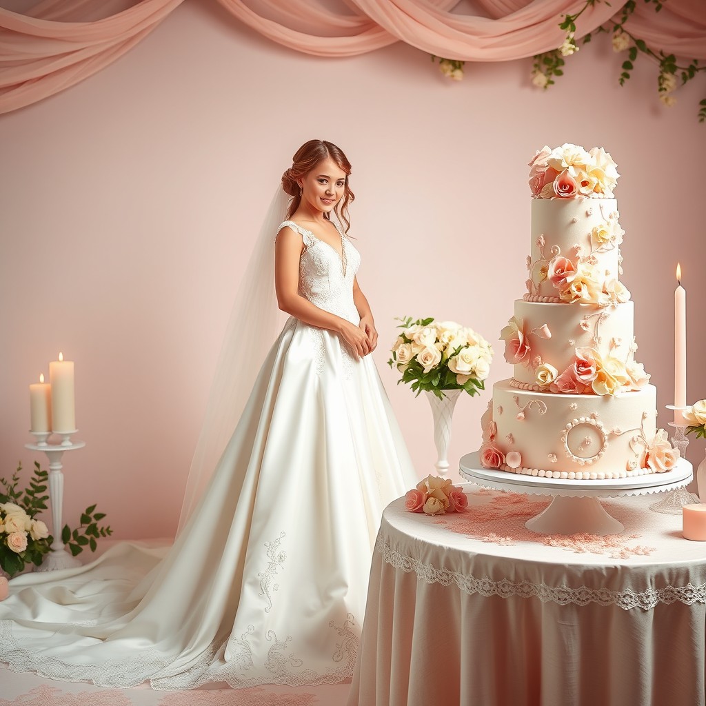 A romantic scene featuring a bridal gown and a charming cake