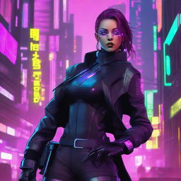 A cyberpunk female spy infiltrator, with neon accents, high-tech futuristic gadgets, edgy attire, and an enigmatic aura in a dense, dystopian cityscape background.