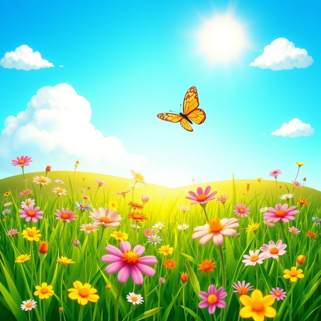 A vibrant, animated scene featuring a beautiful meadow filled with blooming wildflowers beneath a clear blue sky