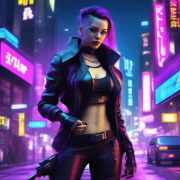 A cyberpunk female spy infiltrator, with neon accents, high-tech futuristic gadgets, edgy attire, and an enigmatic aura in a dense, dystopian cityscape background.