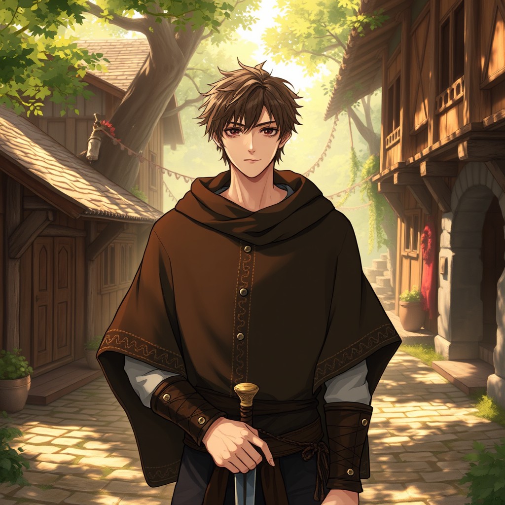 A male character with short brown hair, wearing a brown cloak or poncho, depicted in a lush medieval setting
