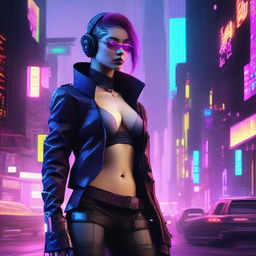 A cyberpunk female spy infiltrator, with neon accents, high-tech futuristic gadgets, edgy attire, and an enigmatic aura in a dense, dystopian cityscape background.