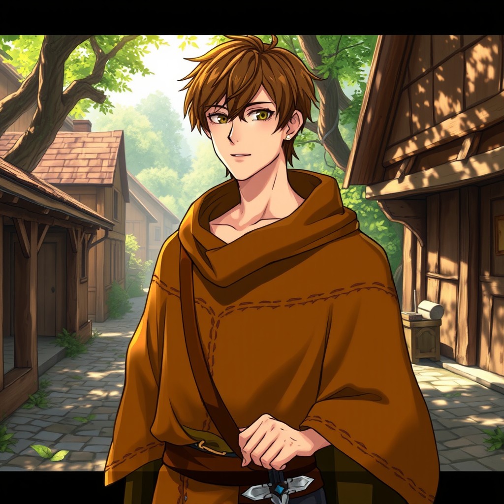 A male character with shorter, slightly unkempt brown hair, wearing a brown cloak or poncho, depicted in a vibrant medieval setting