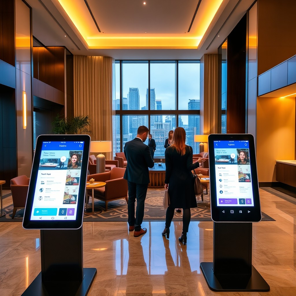 A modern hotel lobby featuring self-service kiosks