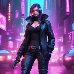 A cyberpunk female spy infiltrator, with neon accents, high-tech futuristic gadgets, edgy attire, and an enigmatic aura in a dense, dystopian cityscape background.