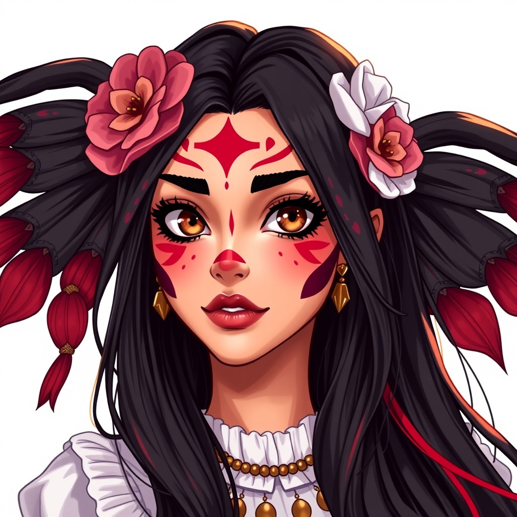 A charismatic Latina woman with mesmerizing brown eyes and long flowing dark hair accented with vibrant red highlights, showcasing her slight tan complexion