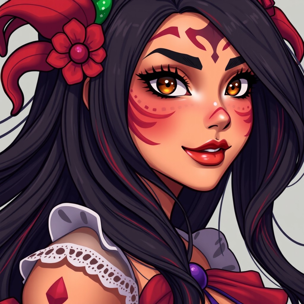 A charismatic Latina woman with mesmerizing brown eyes and long, flowing dark hair accented by vibrant red highlights, showcasing her slight tan complexion