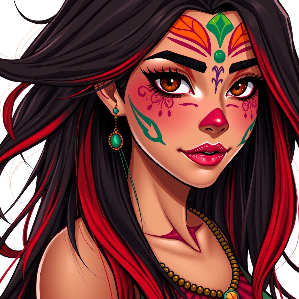 A charismatic Latina woman with mesmerizing brown eyes and long flowing dark hair highlighted with vibrant red strands, showcasing her slight tan complexion