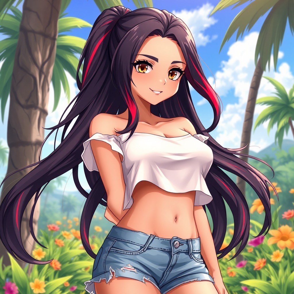 A charismatic Latina woman with mesmerizing brown eyes and long flowing dark hair featuring striking red highlights