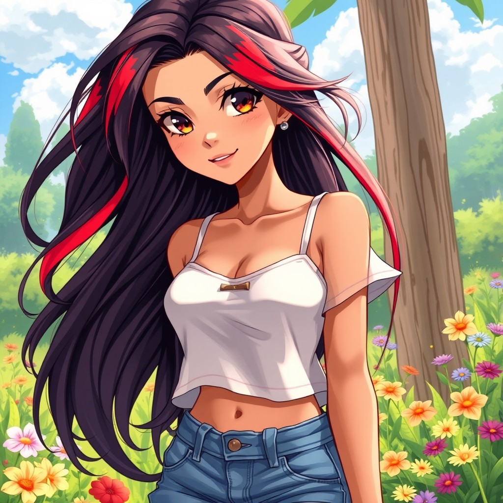 A charismatic Latina woman with mesmerizing brown eyes and long flowing dark hair featuring vibrant red highlights