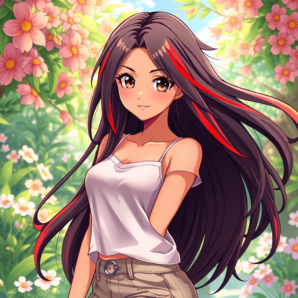 A charismatic Latina woman with mesmerizing brown eyes and long flowing dark hair adorned with striking red highlights