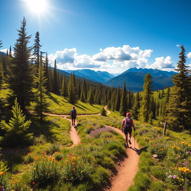 A stunning landscape scene showcasing a vibrant hiking trail winding through a lush forest, filled with tall, green trees and colorful wildflowers