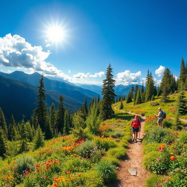A stunning landscape scene showcasing a vibrant hiking trail winding through a lush forest, filled with tall, green trees and colorful wildflowers
