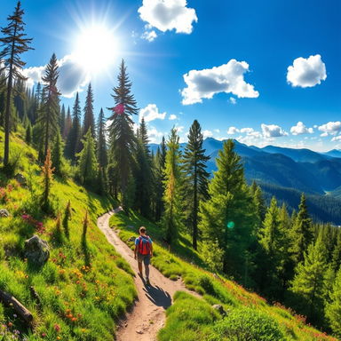 A stunning landscape scene showcasing a vibrant hiking trail winding through a lush forest, filled with tall, green trees and colorful wildflowers
