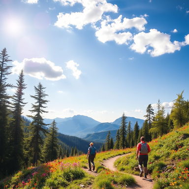 A stunning landscape scene showcasing a vibrant hiking trail winding through a lush forest, filled with tall, green trees and colorful wildflowers