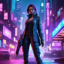 A cyberpunk female spy infiltrator, with neon accents, high-tech futuristic gadgets, edgy attire, and an enigmatic aura in a dense, dystopian cityscape background.