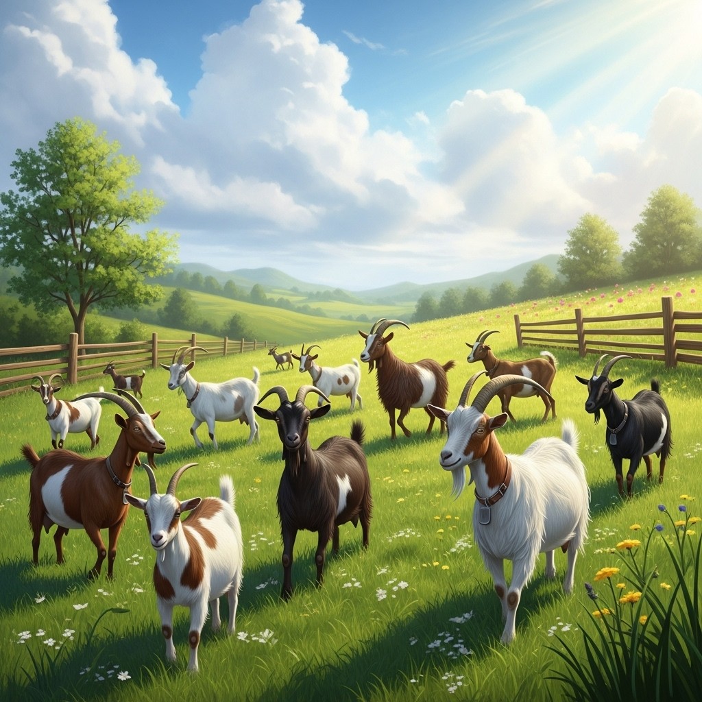 A serene landscape featuring a group of playful goats in a lush green meadow