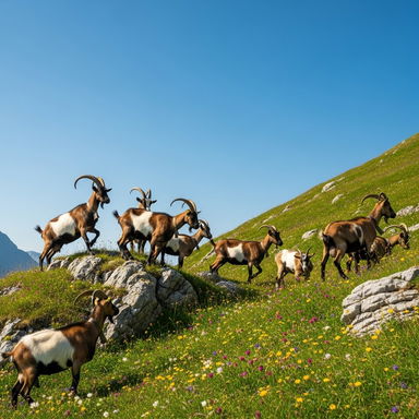 A group of playful goats in a picturesque mountainous landscape with lush green grass and colorful wildflowers